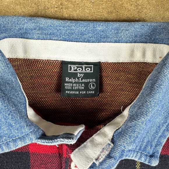 Vintage Ralph‎ Lauren Plaid Polo Men's L Red Black Chambray Crest Made in USA - Picture 7 of 11